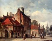 阿德里亚努斯 埃沃森 : View Of Town With Figures In A Sunlit Street